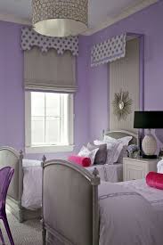 Bedroom Contemporary Kids Design With Valance Over Gray Twin Beds Next To Roman Shade And Black Lampsh Purple Girls Bedroom Grey Girls Rooms Purple Girls Room