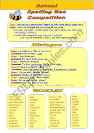 Jun 12, 2019 · single lines of dialogue are among the easiest to write and remember. A Worksheet To Organise A Spelling Bee Competition At The Start Of The Year With Elementary A1 Students A Spell Bee Competition Spelling Bee Spelling Bee Words