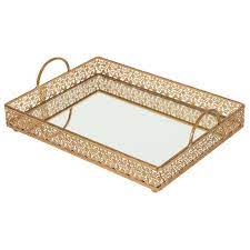 This Large Rectangular Serving Tray Features A Beautiful Reflective Mirrored Surface The Frame Is Brushe Vintage Gold Mirror Mirrored Serving Tray Mirror Tops