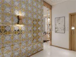 White and gray square backsplash tiles provide a distinctive backdrop for the vanity. Gold And Silver Glass Mosaic Mirror Tiles For Wall Decoration Hspj12 Heng Xing