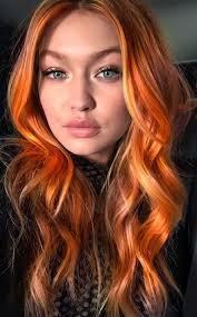 Redhead Gigi Hadid Divine Red Hair Copper Balayage Highlights Warm Blonde Apricot Auburn Lig Red Orange Hair Light Hair Color Copper Balayage