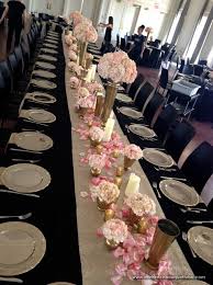 Black And Rose Gold Table Setting Black Gold And White Wedding Tables Google Search Rose Gold Centerpiece Rose Gold Wedding Table Gold Centerpieces