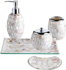 Shelves are available in glass, metal, and wood to enhance your decor style. Amazon Com Whole Housewares 5 Pieces Bathroom Accessories Set Bathroom Soap Dispenser Set Mosaic Glass Bath Ensemble Lotion Dispenser Toothbrush Holder Cotton Jar Vanity Tray Soap Dish Pearl Home Kitchen