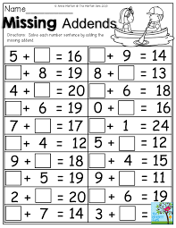 Missing Addends Solve Each Number Sentence By Adding The Missing Addend The Summer Kindergarten Math Worksheets Kids Math Worksheets First Grade Worksheets