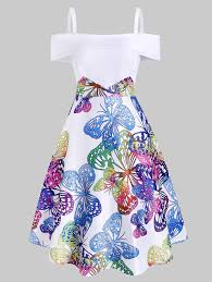 Robe de style boutique faite à la main en papillons bleus et jaunes. Robe Papillon Imprime Plissee A Epaule Denudee En White Rosegal Com France
