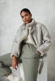 Missguided Premium Gray Borg Belted Aviator Jacket Aviator Jackets Hoody Outfits Jackets