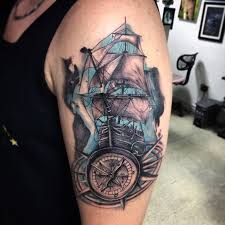 Black And White Nautical Half Sleeve Tattoo Designs Sailor Ship And Compass Nautical Tattoo On Left Half Sleeve Compass Tattoo Men Ship Tattoo Nautical Tattoo