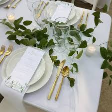 Simple Greenery Vine Garland Down The Center Of A Wedding Table For Centerpiece With White Plates And Gold Flatware By Gold Centerpieces Wedding Wedding Table