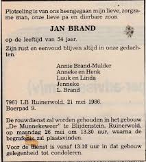Overleden Jan Brand, echtgenoot van Annie Brand-Mulder (publicatie 48400  uit de bibliotheek Stichting Historie van Ruinerwold)