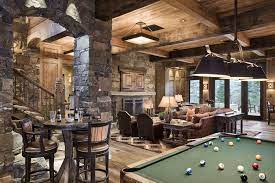 Great Game Room Rustic Basement Rustic Man Cave Traditional Family Room