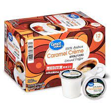 Great Value 100 Arabica Caramel Creme Medium Arabica Coffee 0 37 Oz 12 Count Walmart Com Arabica Coffee Coffee Flavor Caramel Flavoring