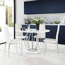 Stone grey round dining table 47 options. Savoy Round White High Gloss And Chrome Dining Table With 4 Renzo White Leather Chairs Furniture And Choice
