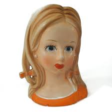 Jarrón o jardinera vintage con cabeza de adolescente, porcelana, A-639,  década de 1950, coleccionable, naranja, cabello rubio o castaño claro, ojos  azules, mujer joven, pendientes