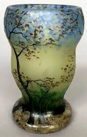 Legras Petit Vase En Verre Marmoreen Bleu Vert A Decor Emaille D Arbes Signe H 13 Cm Art Nouveau Lalique Daum