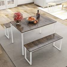 Harper Bright Designs 3 Piece Brown Dining Table Set With 2 Benches In 2020 Brown Dining Table Kitchen Table Settings Dining Room Table Set