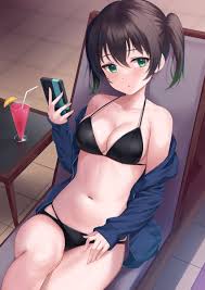 jacket, hand up, on back, bikini, drinking glass - Anime R34
