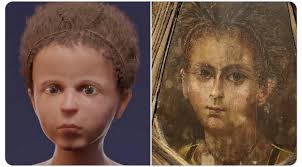 Reconstruction of the mummy of a young boy (aged 3 or 4 at death) who  likely died of pneumonia, c. 50 B.C.- 100 A.D. The boy's mummy was  discovered in Hawara, Egypt,