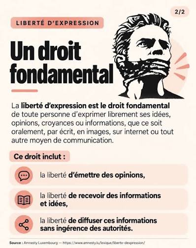 La liberté d'expression, c'est dire ce que tu penses… mais pas faire n'importe quoi. Un droit fort, avec des règles pour protéger tout le monde. 💬⚖️ #LibertéDExpression #TesDroits #République #Respect