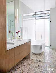 A modern design can mean different things to different people, but usually refers to neutral colors and little to no decorative flourishes. Modern Neutral Bathroom With Pebble Flooring Luxe Interiors Design