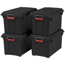If you don't need it to stand up to heavy abuse, it'll work well in a garage. Iris 82 Qt Weather Tight Store It All Storage Bin In Black Pack Of 4 585750 The Home Depot