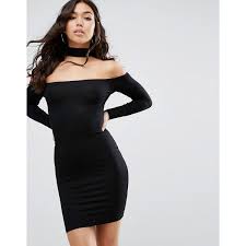 Asos Long Sleeve Off The Shoulder Bardot Mini Bodycon Dress With 115 Pen Liked On Polyvore F Bodycon Mini Dress Long Sleeve Collared Dress Bodycon Dress