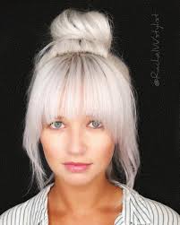 Basically the front strands are between your eye to nose level and the rest of the bangs. Large Messy Top Bun With Full Face Framing Fringe And Platinum Blonde Hair Color The Latest Hairstyles For Men And Women 2020 Hairstyleology