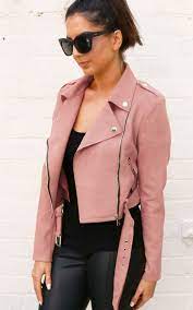 Faux Suede Belted Biker Jacket With Raw Edges In Dusky Baby Pink By One Nation Clothing Pink Jacket Outfit Spring Outfits Women Casual Fashion