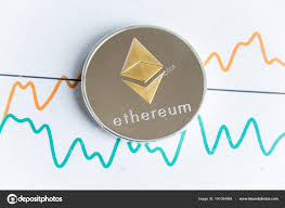 gold ethereum cryptocurrency coin on spiking line graph