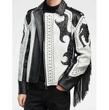Handmade Men Two Tone Biker Studded White Leather Jacket Motorcycle Jacket Stylish Leather Jacket Studded Leather Jacket White Leather Jacket