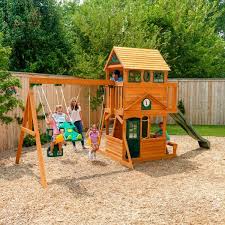 Ashberry Wooden Swing And Play Set In 2020 Wooden Swing Set Wooden Playset Wooden Swings