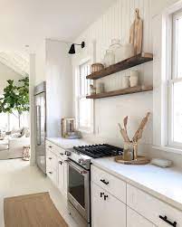 Modern Farmhouse Kitchen Open Shelving Vertical Shiplap Neutral Decor Wood Tones Modern Farmhouse Kitchens Farmhouse Kitchen Open Shelving Shiplap Kitchen