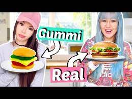 Gummy Food Vs Real Food Challenge Viktoriasarina Youtube Lebensmittel Essen Essen Victoria Und Sarina
