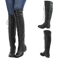 Lace Up Oxford Military Combat Riding Low Flat Heel Over Knee Thigh Womens Boots Jeans Boots Black Flat Knee High Boots Knee High Boots Flat
