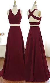 Two Piece V Neck Long Burgundy Chiffon Prom Dress Evening Dress Burgundy Prom Dress Chiffon Prom Dress Prom Dresses Two Piece