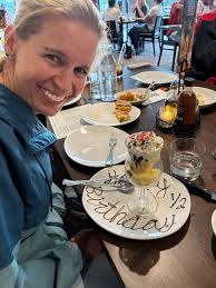 Staff outing celebrating Alice's half birthday. John McBride wins the  eating contest by consuming 11 slices of pizza not including appetizers and  dessert.