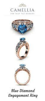 Blue Diamond Engagement Ring Unique Two Tone Gold Ring Vintage Engagement Ring Camellia Jewelry Blue Diamond Engagement Ring Blue Diamonds Engagement Blue Engagement Ring