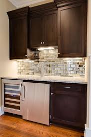 Mirrored Subway Tile Back Splash Bar But With White Cabinets Love This Backsplash With Dark Cabinets Mirrored Subway Tile Dark Kitchen Cabinets
