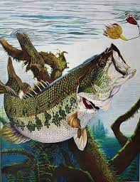 The largest largemouth bass recorded was 29.5 inches long and weighed 22 pounds. Baiting The Big One By Bruce Bley Fish Drawings Fish Painting Fish Art