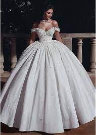 329 99 Marvelous Tulle Satin Off The Shoulder Neckline Ball Gown Wedding Dresses With Beadings Handmade Flowers 3d Flowers Magbridal Com Cn Ball Gown Wedding Dress Ball Gowns Wedding Gown Wedding Dress