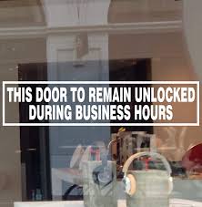 Ensure your staff gets out safely with these fire exit door must be kept unlocked during business hours signs. Amazon Com This Door To Remain Unlocked During Business Hours Decal Window Vinyl Door Sticker Color White 4 5 Tall X 20 Wide Office Products