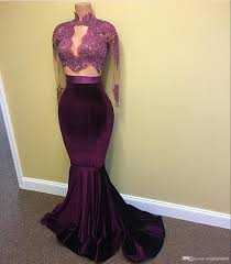 Newly African Prom Dresses Long Purple Velvet Lace Appliques Long Sleeves Sweep Train Evening Party Gowns Arabic Celebrity Dress