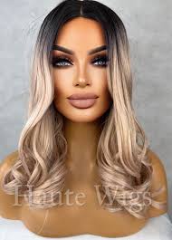 16 Inch Blonde Wig: Rose Gold Tones, Wavy Human Hair Blend