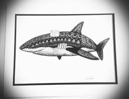 Black And White Shark Design Black And White Ink Drawing Print Intricate Shark Design Drawing Prints Ink Drawing White Ink