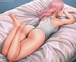 sciamano240, chloe (sciamano240), original, commentary, english commentary,  1girl, artist name, ass, bare legs, barefoot, bed sheet, earrings, feet,  green panties, jewelry, legs, long hair, lying, on bed, on stomach,  panties, pink hair,