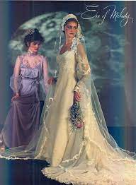 Long sleeves, long skirt, empire waist. Eve Of Milady Gown From 1982 Brides Magazine Bridal Gowns Vintage 1980s Wedding Dress Eve Of Milady Wedding Gowns