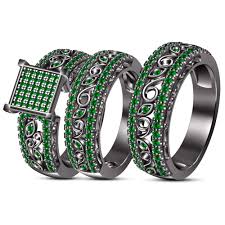 Black And Green Wedding Rings Wedding Band Engagement Ring Trio Set Green Sapphire Black Gold Over 925 Silver Blue Sapphire Wedding Ring Wedding Ring Trio Sets Sapphire Wedding Rings