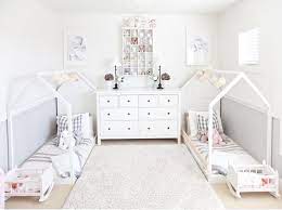 Twin Girl Toddler Room House Beds Neutral Colors Twin Girls Room Twin Baby Rooms Toddler Rooms