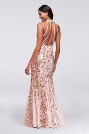 Glitter Lace And Jersey High Neck Gown With Godets David S Bridal A Line Prom Dresses Rose Gold Prom Dress High Neck Gown