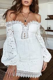 Eyelet Cotton Front Lace Up Off The Shoulder Bodycon Dress Elegant Mini Dress Long Sleeve Ruffle Dress White Off Shoulder Dress
