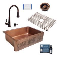 Sinkology Ganku All In One Farmhouse Copper 33 In Single Bowl Kitchen Sink With Pfister Ashfield Faucet And Drain In Bronze Antique Copper In 2020 Single Bowl Kitchen Sink Double Bowl Kitchen Sink
